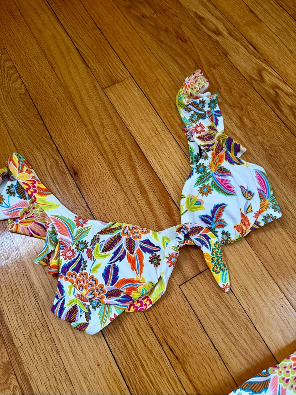 Bleu Rod Beattie White Floral Ruffle Bikini with Multicolor Print
